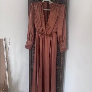 Long Sleeve V-Neck Satin Maxi Dress in Rust